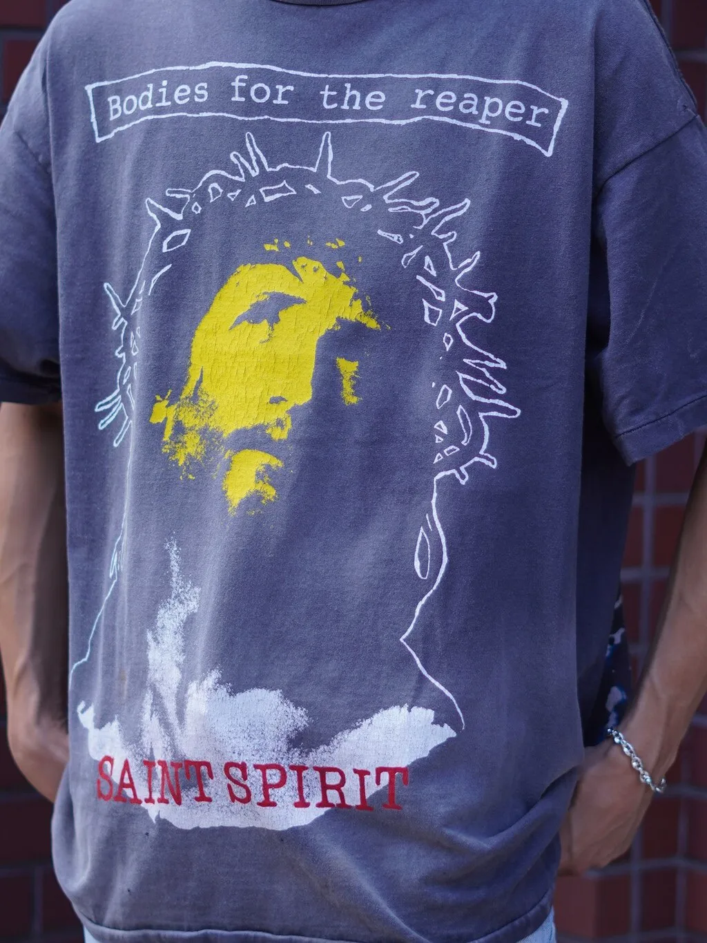 SAINT MICHAEL SS TEE/B FOR REAPER Jesus Hell's Angels Washed and Distressed Short Sleeves Washed Black S-XL Garment Dyed Printed Washed and Distressed